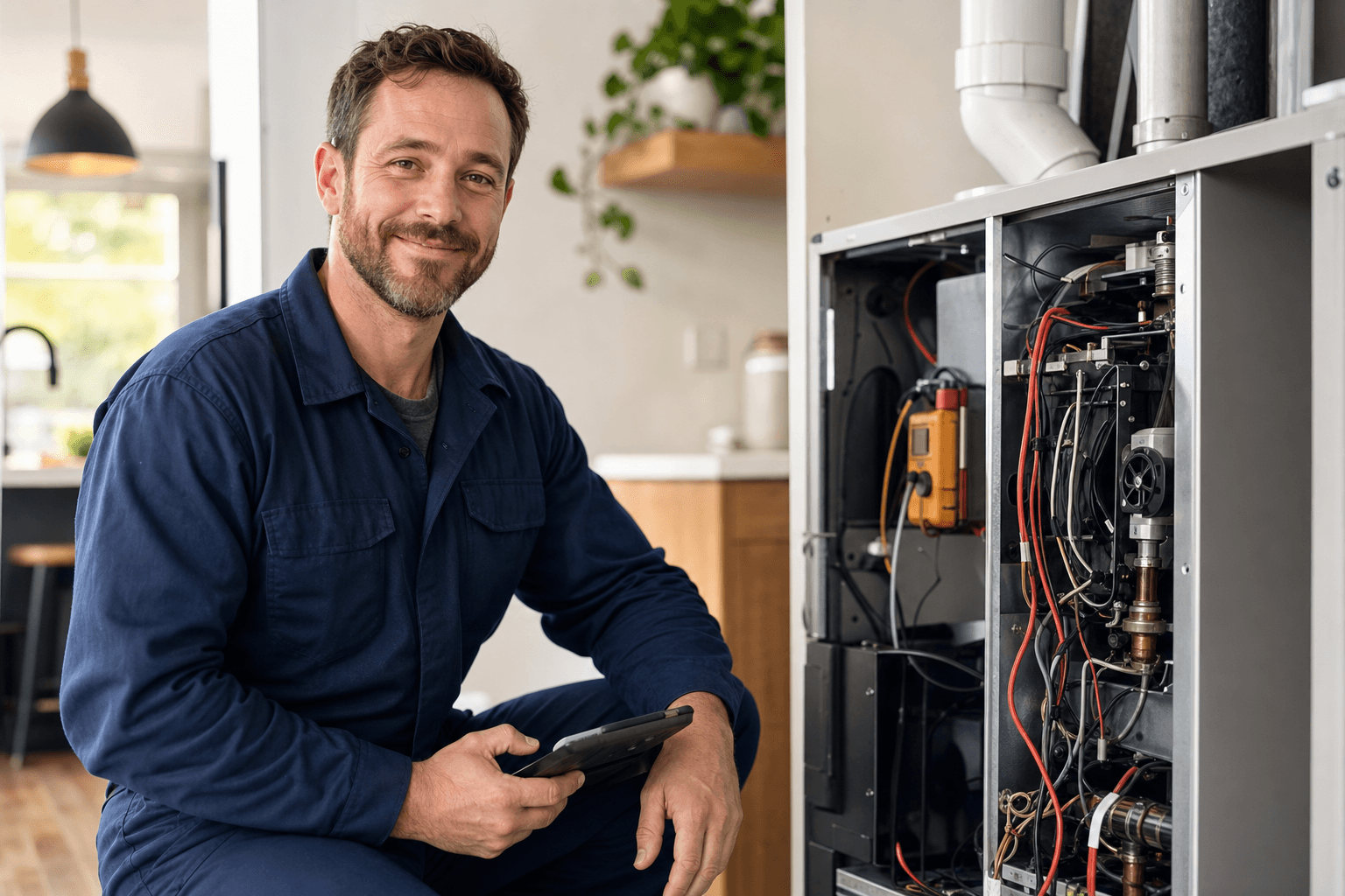 Friendly local heating engineer servicing a home boiler