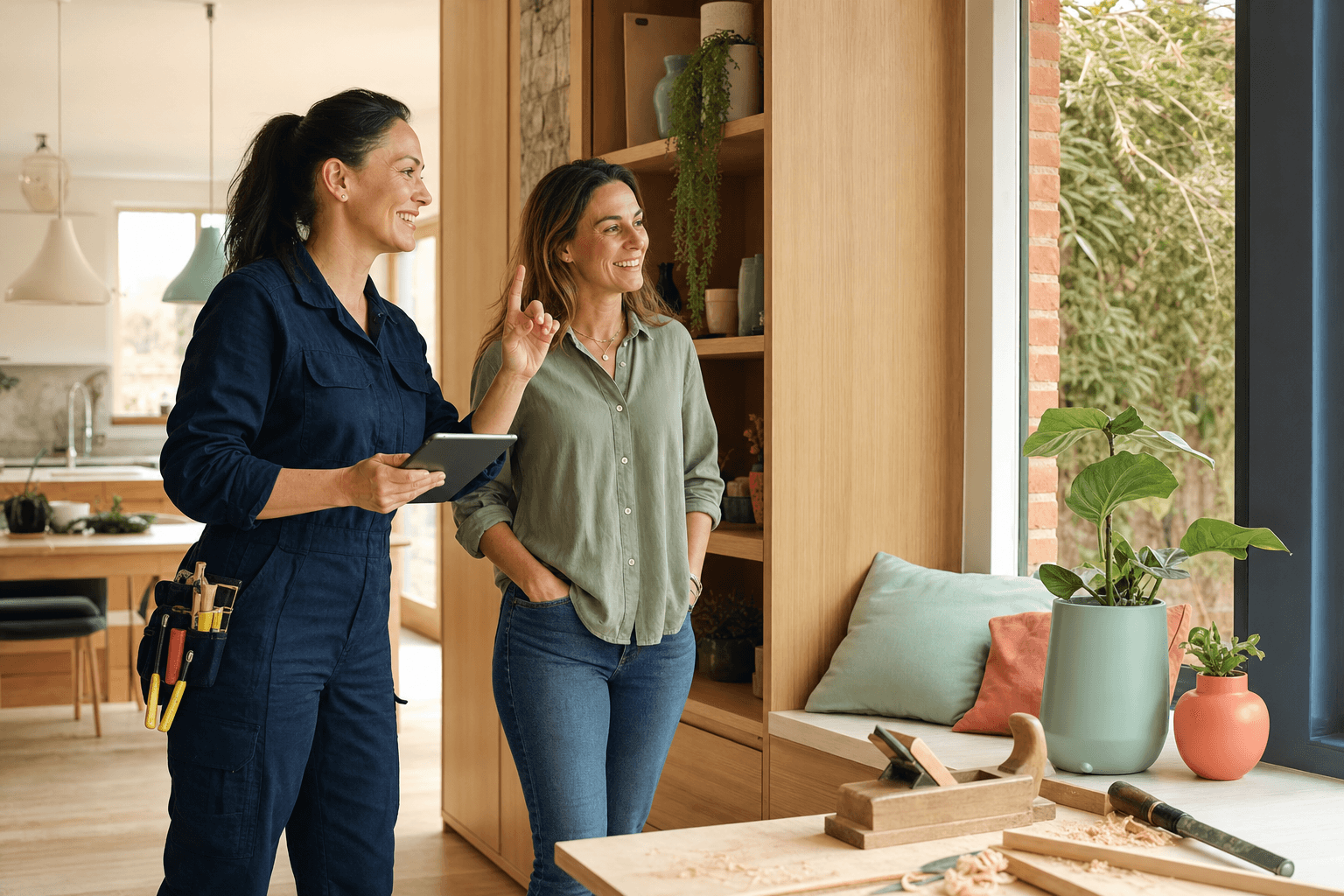 Local tradeswoman reviewing completed carpentry with a homeowner