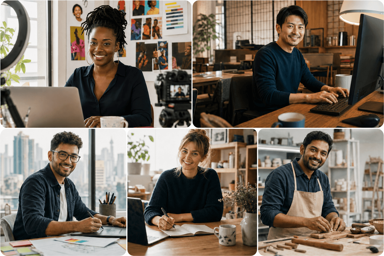 Five smiling professionals working around the world