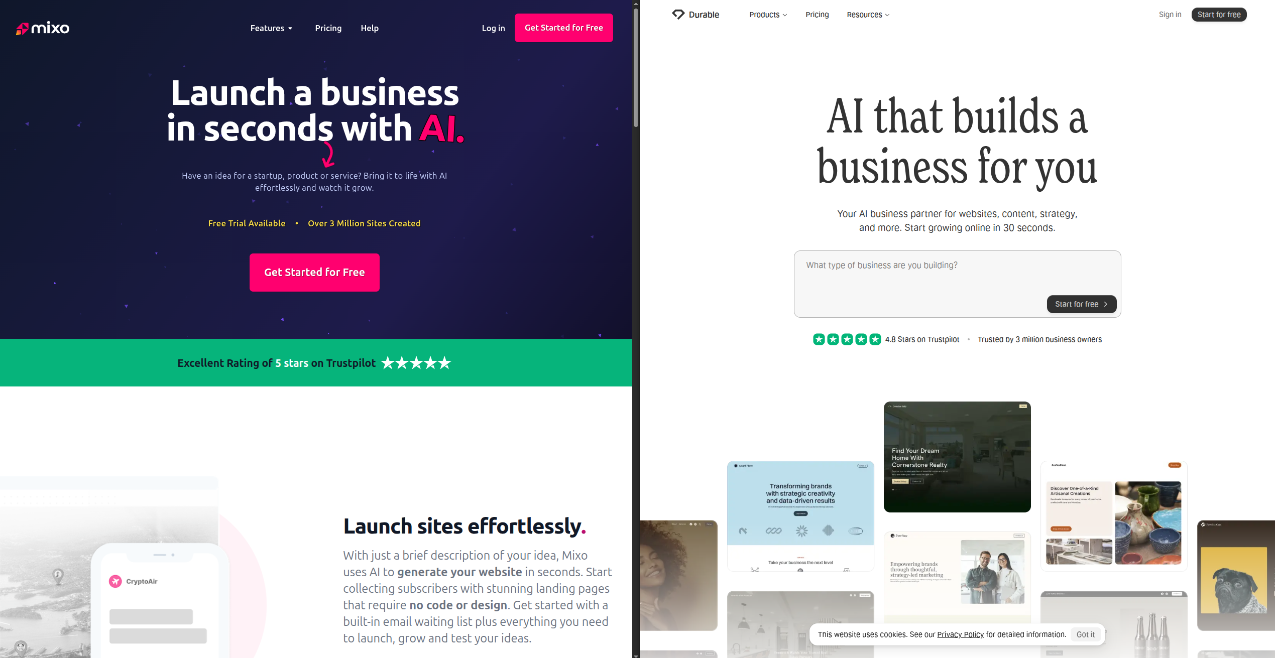 Durable.co and Mixo.io landingpages