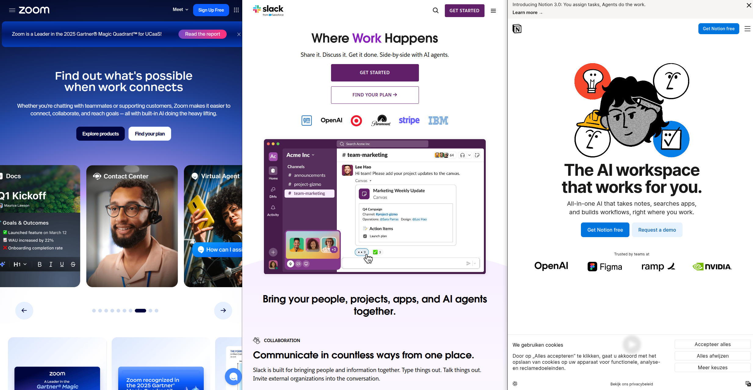 slack ai, notion ai and zoom.com landingspage