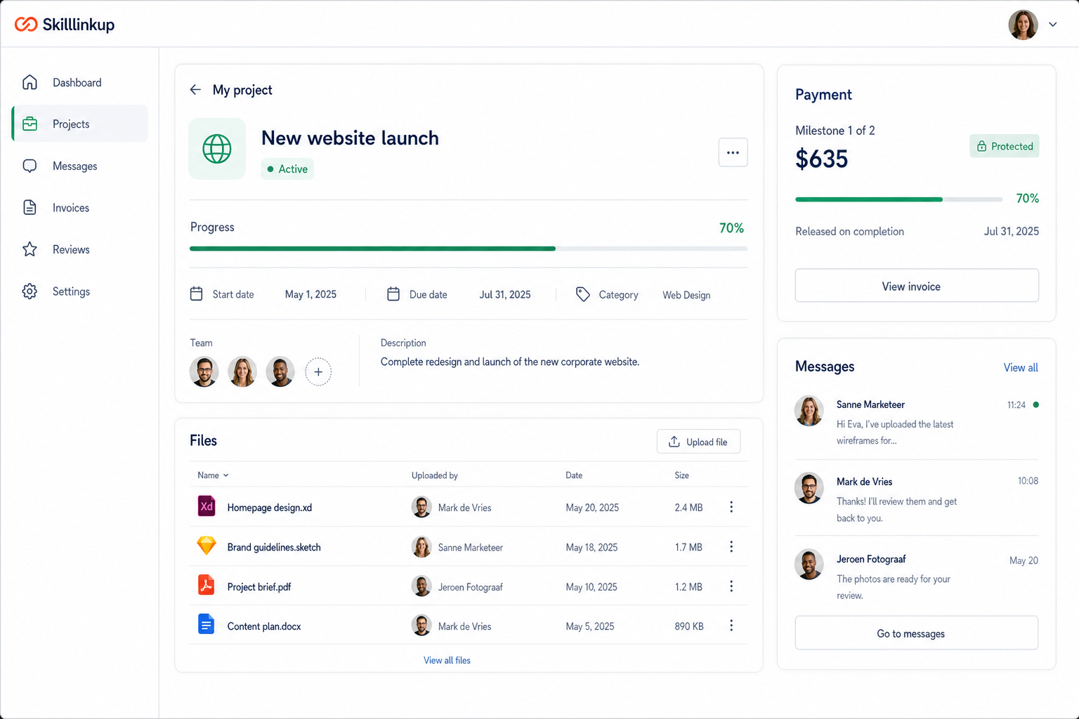 Skilllinkup project dashboard with project progress, agreement status, messages, and shared files